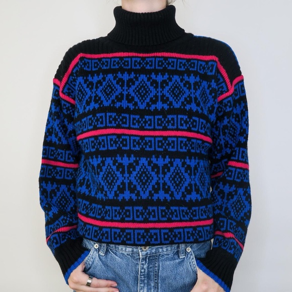 Vintage 80s Geometric Turtleneck Sweater - Picture 2 of 6